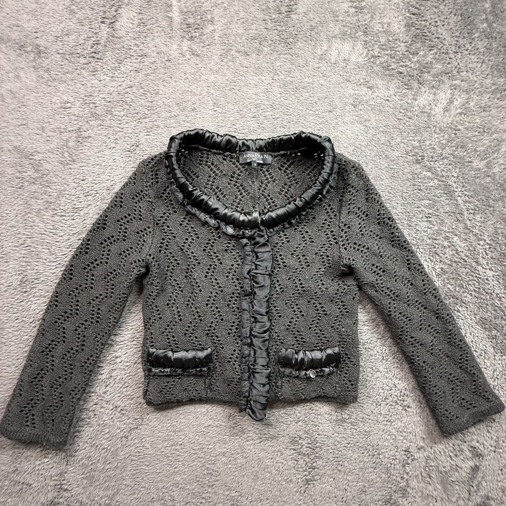 Anna Rita N Knit Couture Cropped Pointelle Cardigan Jacket Gray Satin Italy S
